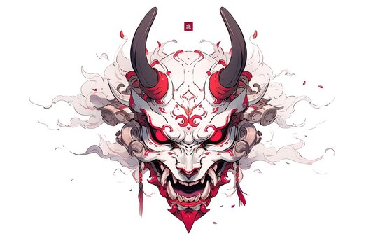 recommend clip art: Demon mask, tattoo japanese culture. Mask oni on a white background. Art. Print