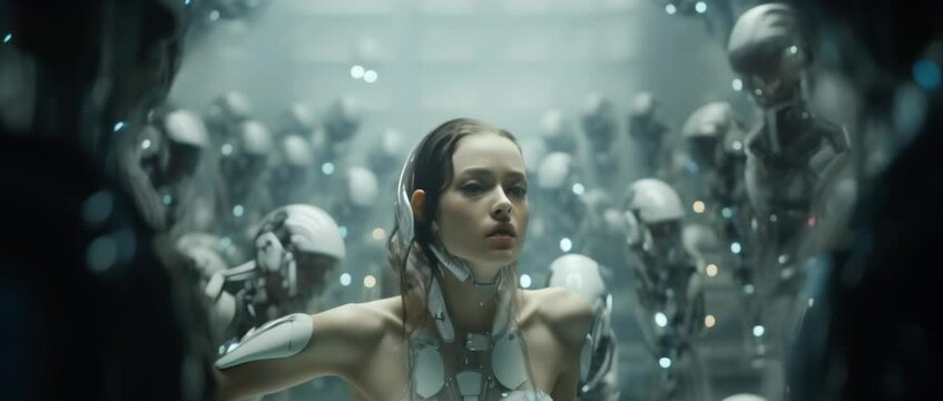Portrait of cyborg girl connected to network in laboratory. Anamorphic 4k footage