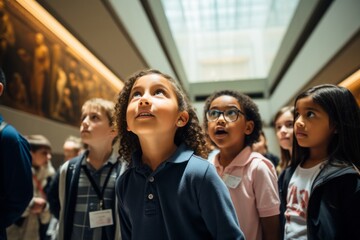 Curious elementary students on an educational field trip, exploring artifacts and exhibits in a museum. - obrazy, fototapety, plakaty