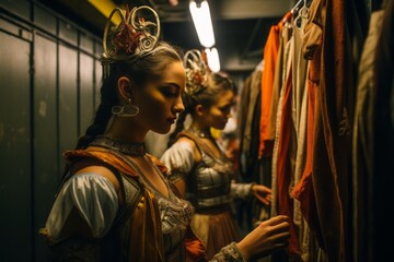 Dancers behind the scenes, bustling with anticipation and last-minute touch-ups before the spotlight.