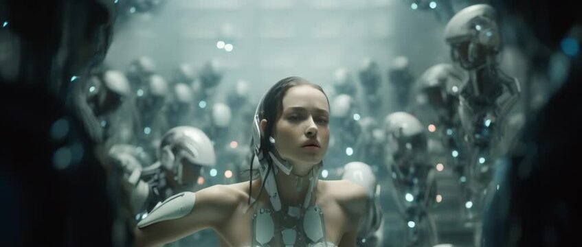 Portrait of cyborg girl connected to network in laboratory. Anamorphic 4k footage