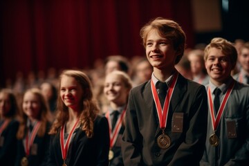 Glistening awards ceremony, with proud students stepping forward to receive their well-deserved medals for outstanding achievements.