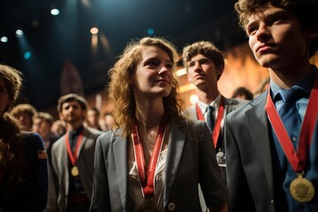 Glistening awards ceremony, with proud students stepping forward to receive their well-deserved medals for outstanding achievements.