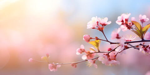 beautiful and delicate nature in sunshine at the edge of blurred spring background, floral springtime concept banner in light white and colour with copy space