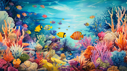 Fototapeta na wymiar Coral reef and fishes background in watercolor and acrylic style