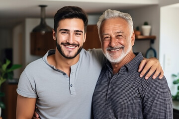 Adult son embracing shoulders of happy middle aged father at home. Positive two male generations family supporting each other