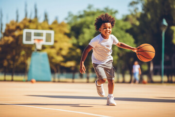African child boy playing basketball on the court - Powered by Adobe