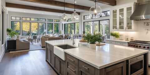 Kitchen interior in beautiful new luxury home with kitchen island and wooden floor, bright modern minimal style,  with copy space.
