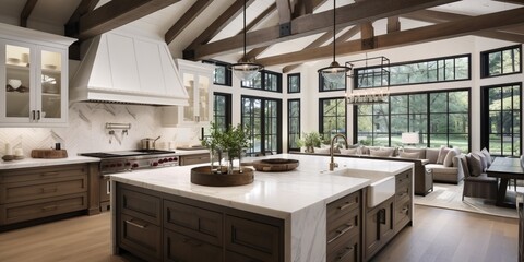 Kitchen interior in beautiful new luxury home with kitchen island and wooden floor, bright modern minimal style,  with copy space.