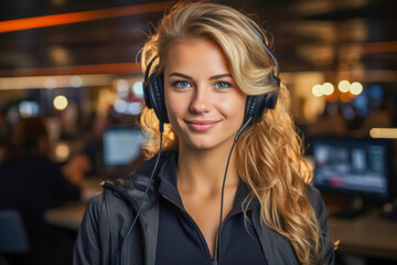 Portrait of smiling female customer support phone operator in headset. Beautiful young woman with headphones in a call center. 