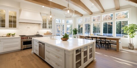 Kitchen interior in beautiful new luxury home with kitchen island and wooden floor, bright modern minimal style,  with copy space. - obrazy, fototapety, plakaty