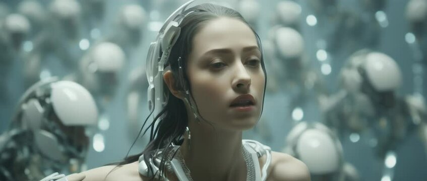 Portrait of cyborg girl connected to network in laboratory. Anamorphic 4k footage