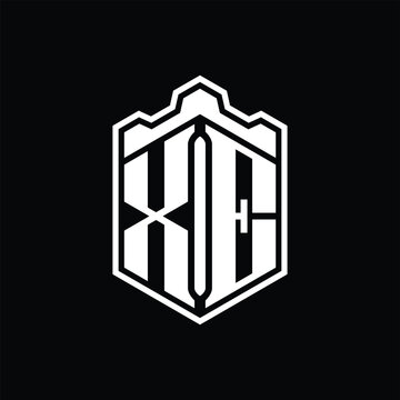 recommend clip art: XE Letter Logo monogram hexagon shield shape crown castle with outline style design