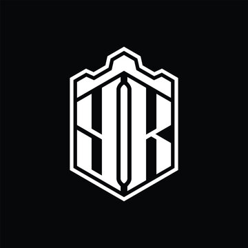 recommend clip art: YK Letter Logo monogram hexagon shield shape crown castle with outline style design