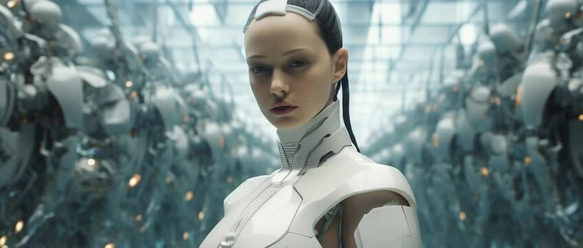 Medium shot of cyborg girl standing in hall in laboratory with robots in rows. Anamorphic 4k footage