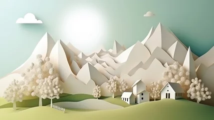 Fotobehang Bergen 3d paper cut forest landscape mountain paper cut style natural landscape scene illustration