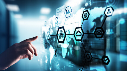 Automation and smart industry 4.0, Internet of things, IOT, Gears and system structure on virtual screen. Business and technology concept.