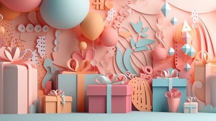 3d paper cut invitation card paper cut style for happy birthday party  illustration.