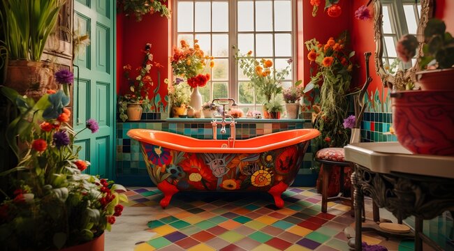 beautiful bright bathroom with window and flowers on the walls, maximalism in style, primitivist style, red, green, yellow, orange, patchwork