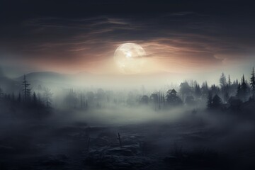 Night forest in fog by moonlight