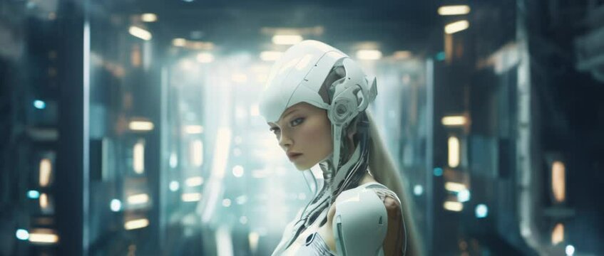Medium shot of cyborg girl standing in hall in laboratory. Anamorphic 4k footage