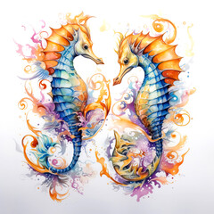 couple of beautiful seahorses watercolor style
