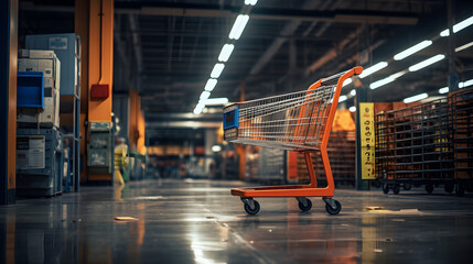 Empty orange shopping cart in large warehouse aisle - obrazy, fototapety, plakaty