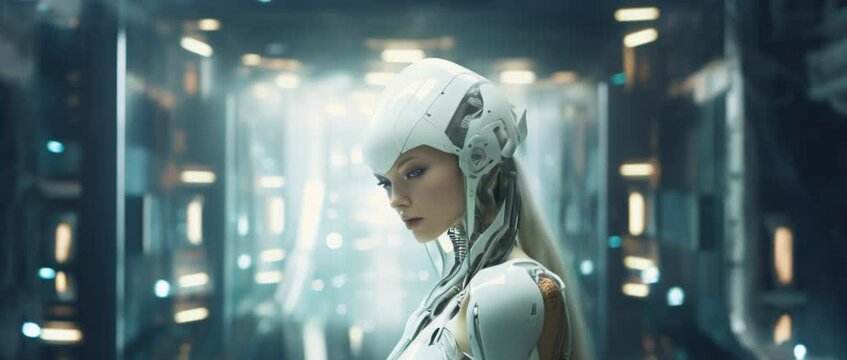 Medium shot of cyborg girl standing in hall in laboratory. Anamorphic 4k footage