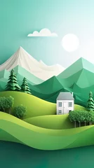 Deurstickers Bergen Vertical 3d paper cut forest landscape mountain paper cut style natural landscape scene illustration