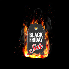 Black Friday sale fire label vector. Fiery special tag or badge for business promotion. Black Friday hot sale. Eps10 vector illustration.