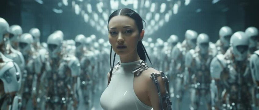 Medium shot of cyborg girl standing in hall in laboratory with robots in rows. Anamorphic 4k footage