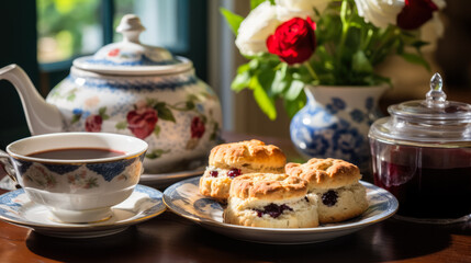Obraz na płótnie Canvas Quaint breakfast setting with homemade scones clotted cream jam on vintage china 