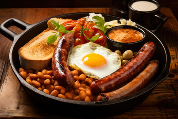 Savory Traditional English breakfast served on a rustic cast iron plate 