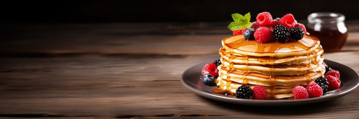 Pancakes stacked with berries syrup isolated on a white background 