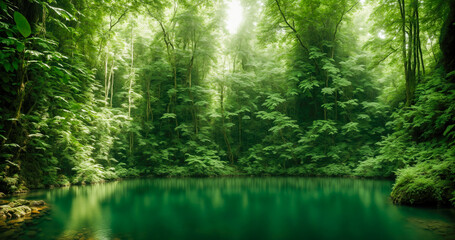 Fototapeta na wymiar Lush green jungle with a peaceful pond surrounded by vibrant greenery.