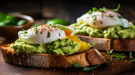 Macro shot of creamy avocado spread and poached eggs on toast 