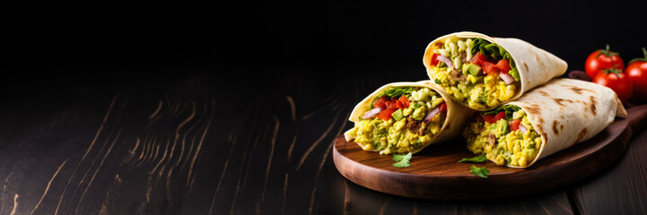 Handmade breakfast burritos with fresh guacamole and salsa isolated on a white background  - obrazy, fototapety, plakaty
