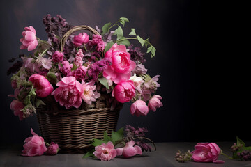Peonies in a wicked basket 