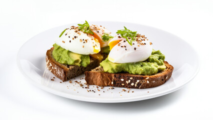 Close-up avocado toast with poached eggs on multigrain bread isolated on a white background 