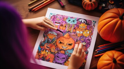 A child is drawing a picture of a group of monsters