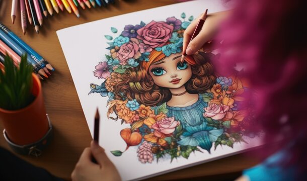 A girl is drawing a picture with colored pencils