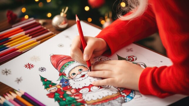 A little girl is drawing a santa clause picture