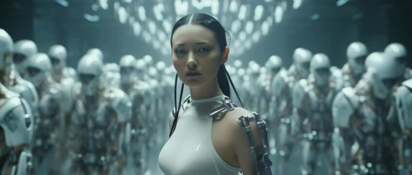 Medium shot of cyborg girl standing in hall in laboratory with robots in rows. Anamorphic 4k footage