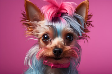 funny studio portrait of yorkshire terrier puppy - obrazy, fototapety, plakaty
