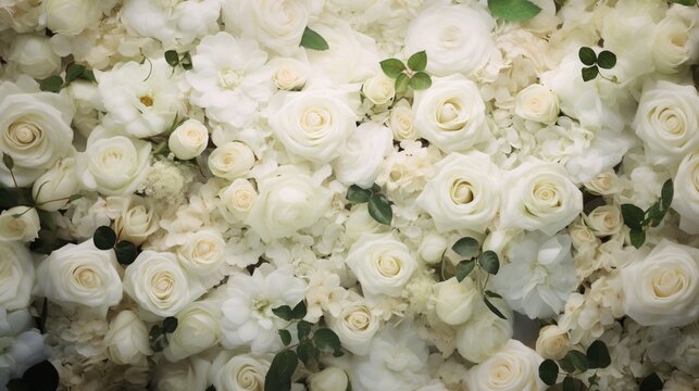 Backdrop of white roses flowers, wedding backgrounds.