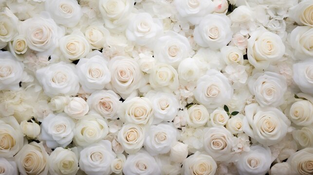 Backdrop of white roses flowers, wedding backgrounds.