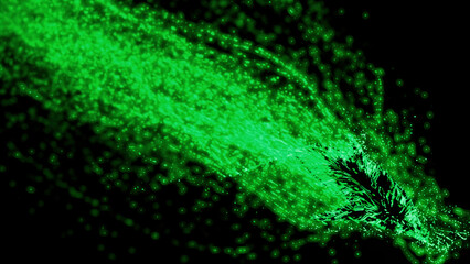 Black background with green glitter. Design. Multi-colored glitter made in 3d animation on a dark background.