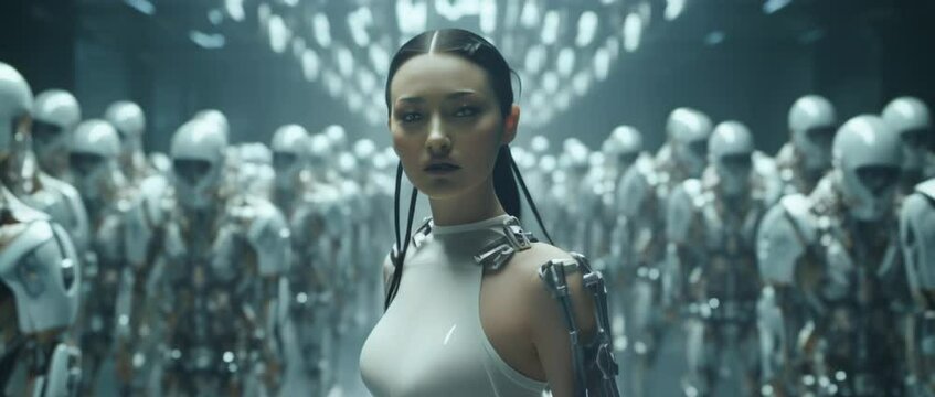 Medium shot of cyborg girl standing in hall in laboratory with robots in rows. Anamorphic 4k footage