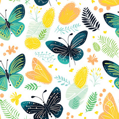Seamless pattern with hand-drawn butterflies, vector seamless p
attern. Contemporary composition. Trendy texture for print, textile, packaging 