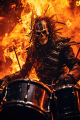 An eerie skeleton character playing drums, and heavy metal vibes. A spooky skeleton rocking out as a percussions, hard rock drummer. horror halloween party